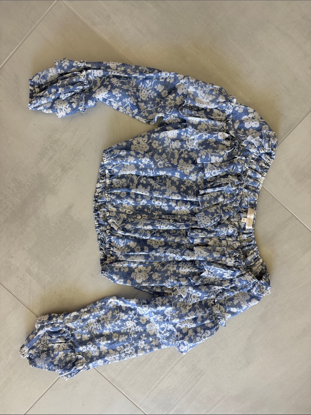 LoveShackFancy Blue and White Floral Off-Shoulder Top